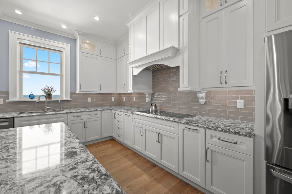 white kitchen with bold countertop